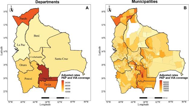 Distribución geoespacial de las tasas ajustadas de cobertura de pruebas de Papanicolaou y VIA por cada 100 000 mujeres de 20 a 69 años en Bolivia en 2022, por departamento (A) y por municipio (B). 